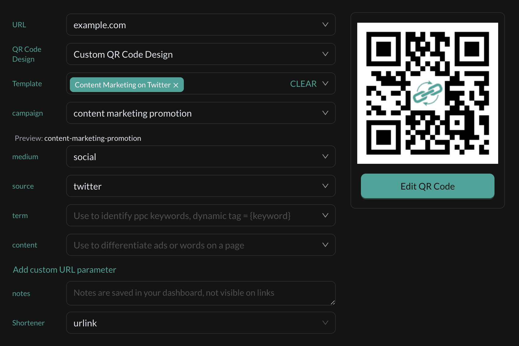 Create branded short links with custom QR code designs and UTM parameters in URLINK